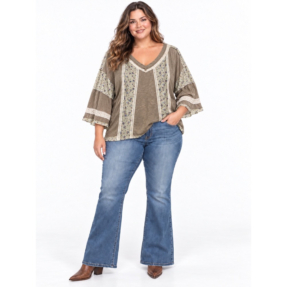 SHEIN Curve Top 3XL Brown Floral Patchwork Lace Trim Boho V-Neck Blouse